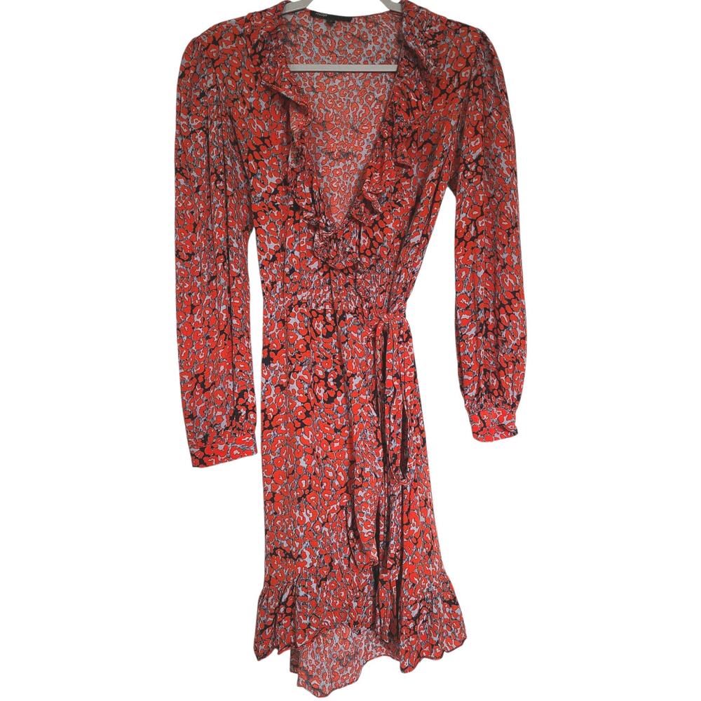 Maje Rosetto Red Leopard Print Ruffle Wrap Mini Dress Size 2 Medium
